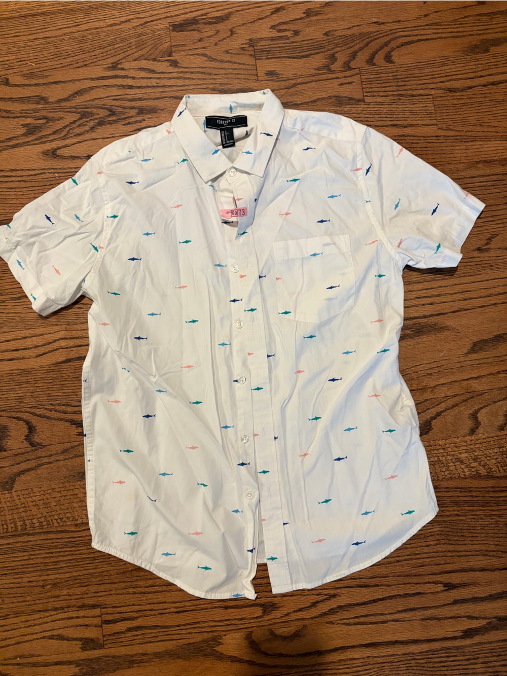 Men’s Forever 21 White Button-Up shirt with Tiny Shark Print